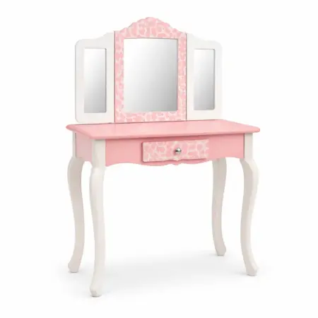 Toeletta pour enfants en bois rose et blanc avec miroirs et tiroir