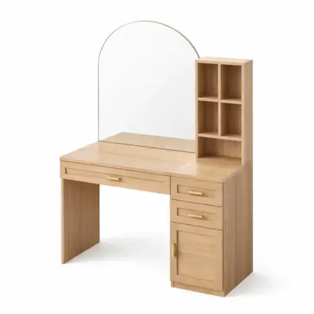 Toeletta en bois naturel avec miroir et étagères