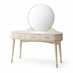 Toeletta avec miroir rond et tiroirs en bois beige