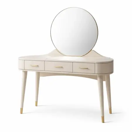Toeletta avec miroir rond et tiroirs en bois beige