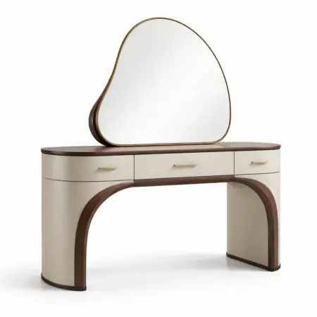 Toeletta in legno e mdf bianco e marrone con specchio asimmetrico