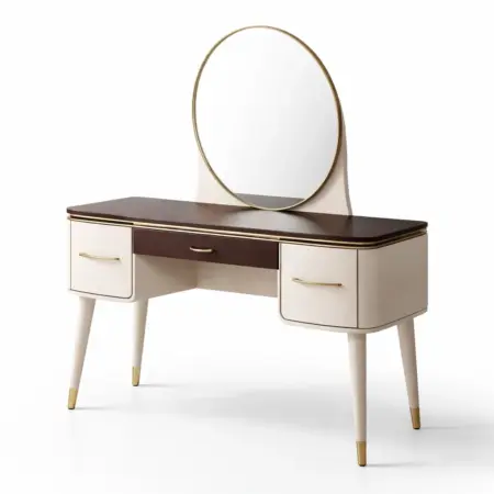 Toeletta avec miroir rond en mdf et acier blanc et marron