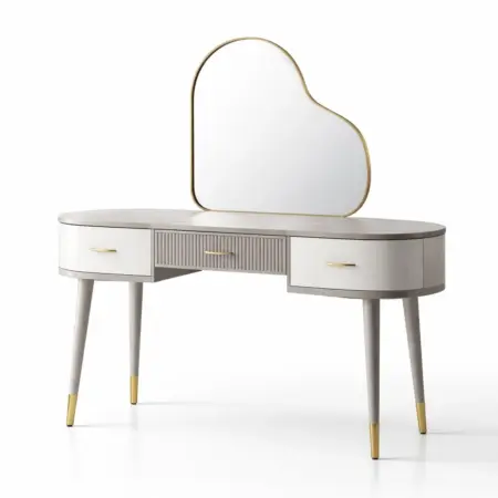 Toeletta avec miroir de forme unique en bois et métal gris et blanc