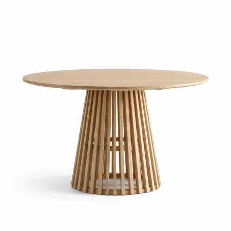 Tavolo da pranzo rotondo in legno massello di quercia con base a griglia